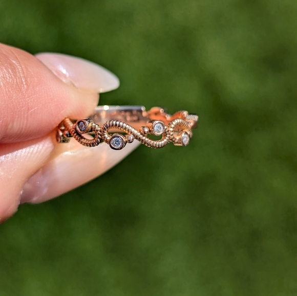 14K Rose Gold Diamond Milgrain Floral Vine Style Band Ring - Picture 2 of 10